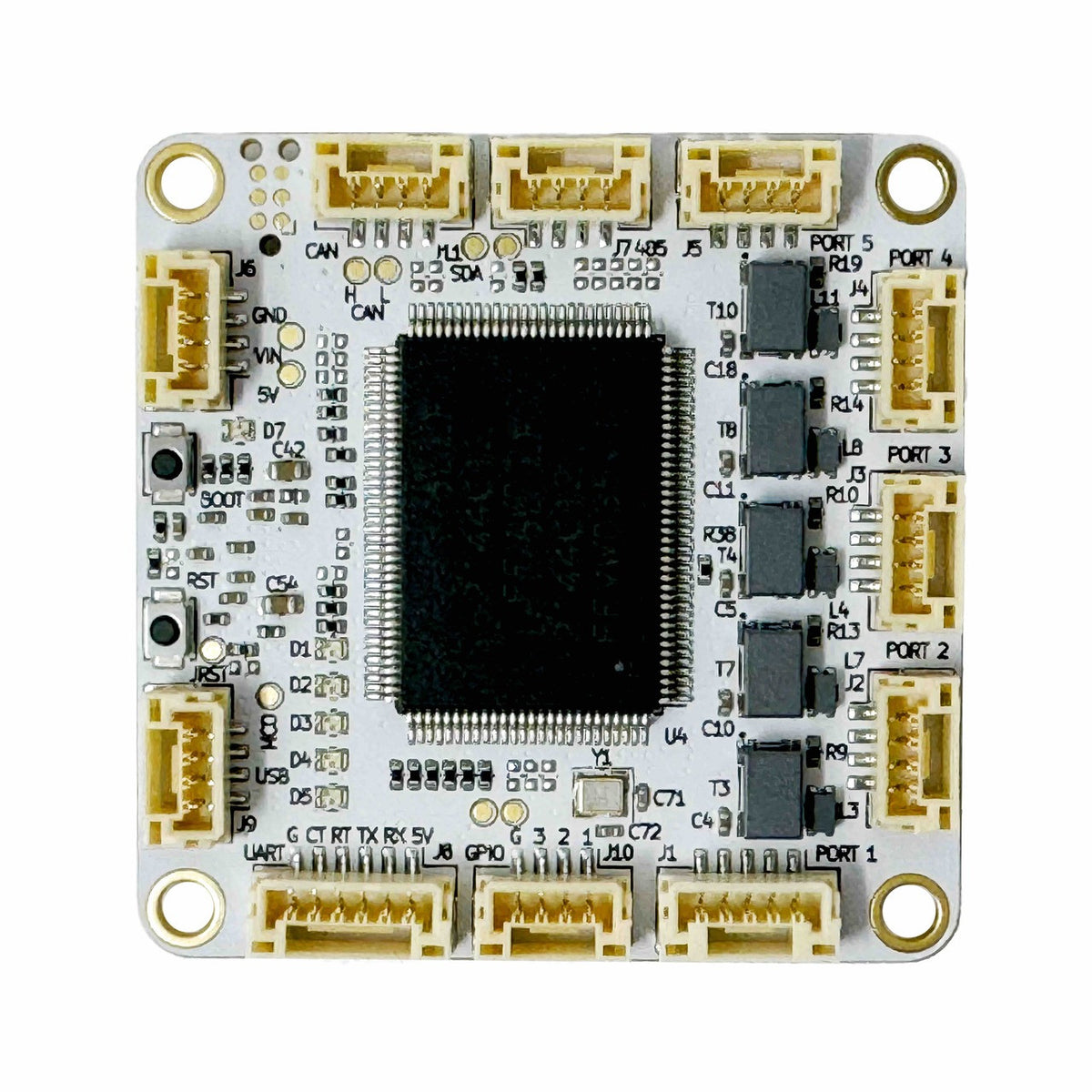 BotBlox DroneNet ל-Ardupilot - מבט מלפנים על הלוח והמחברים