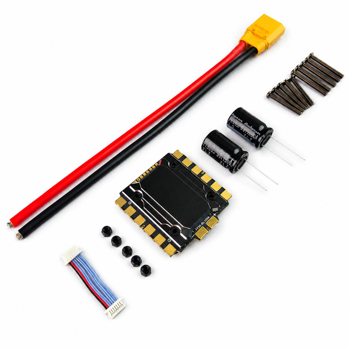 FlyFishRC 100A ESC supplied accessories: capacitors, screws, nuts and cables