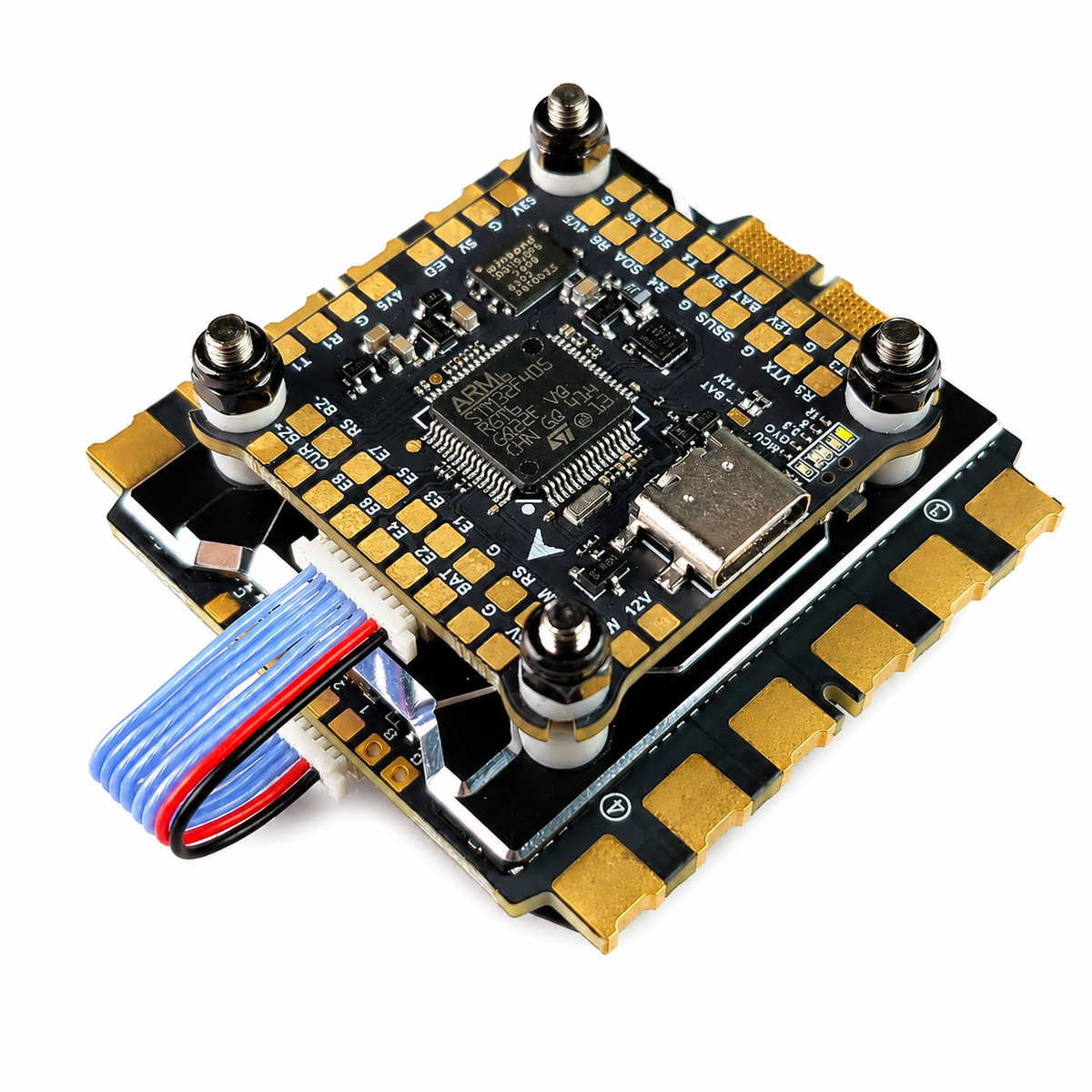 FlyFishRC F405 and 100A ESC stack, angled view showing both stacked boards