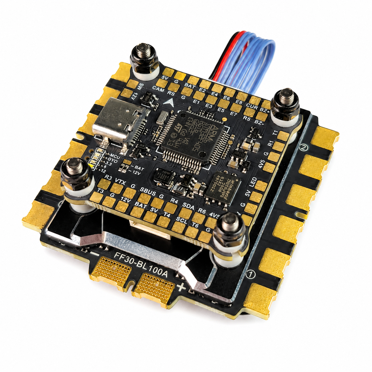 FlyFishRC F405 flight controller and 100A 4-in-1 ESC stack, 30.5x30.5mm, assembled top view
