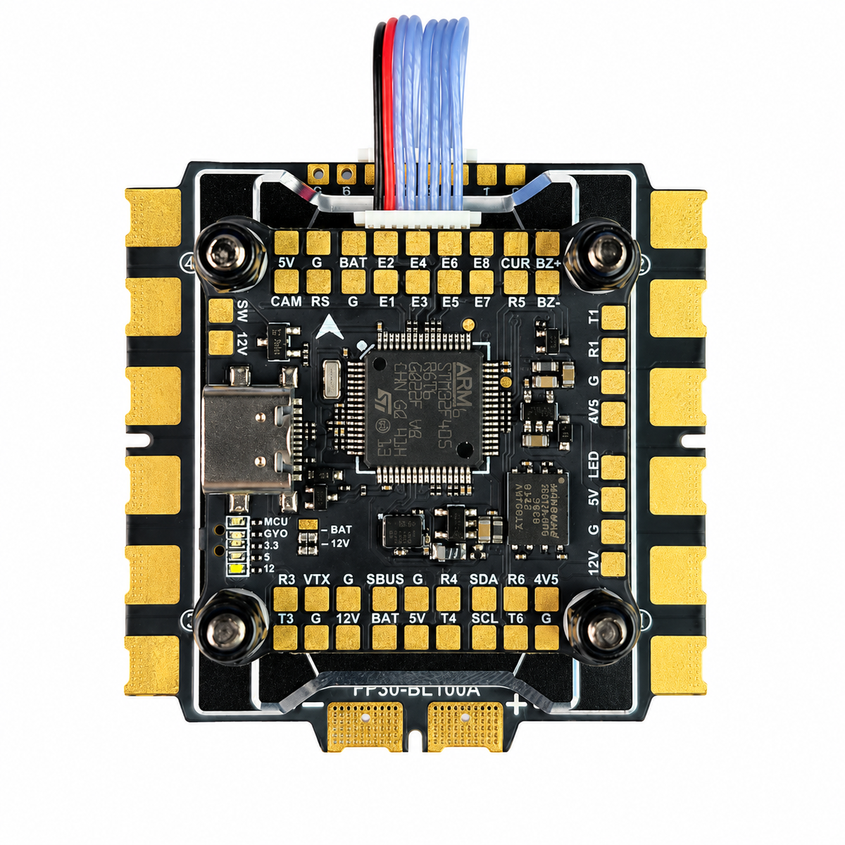 FlyFishRC F405 flight controller front view with STM32F405 MCU and ICM-42688 gyro
