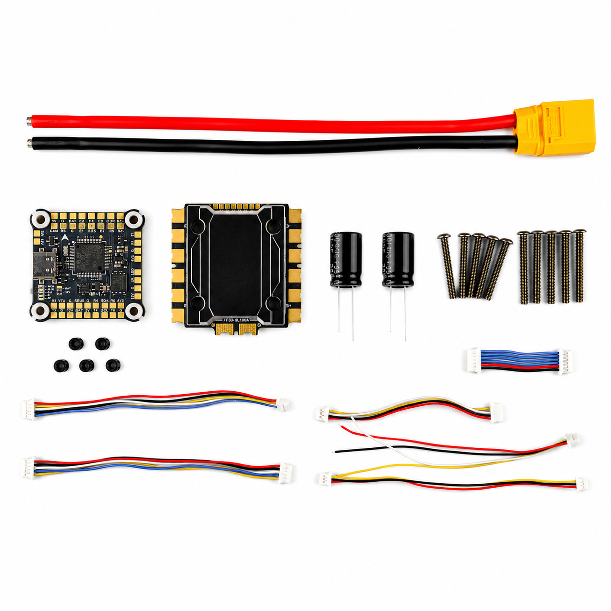 FlyFishRC F405 100A stack package contents including XT90 lead, cables, capacitors and hardware